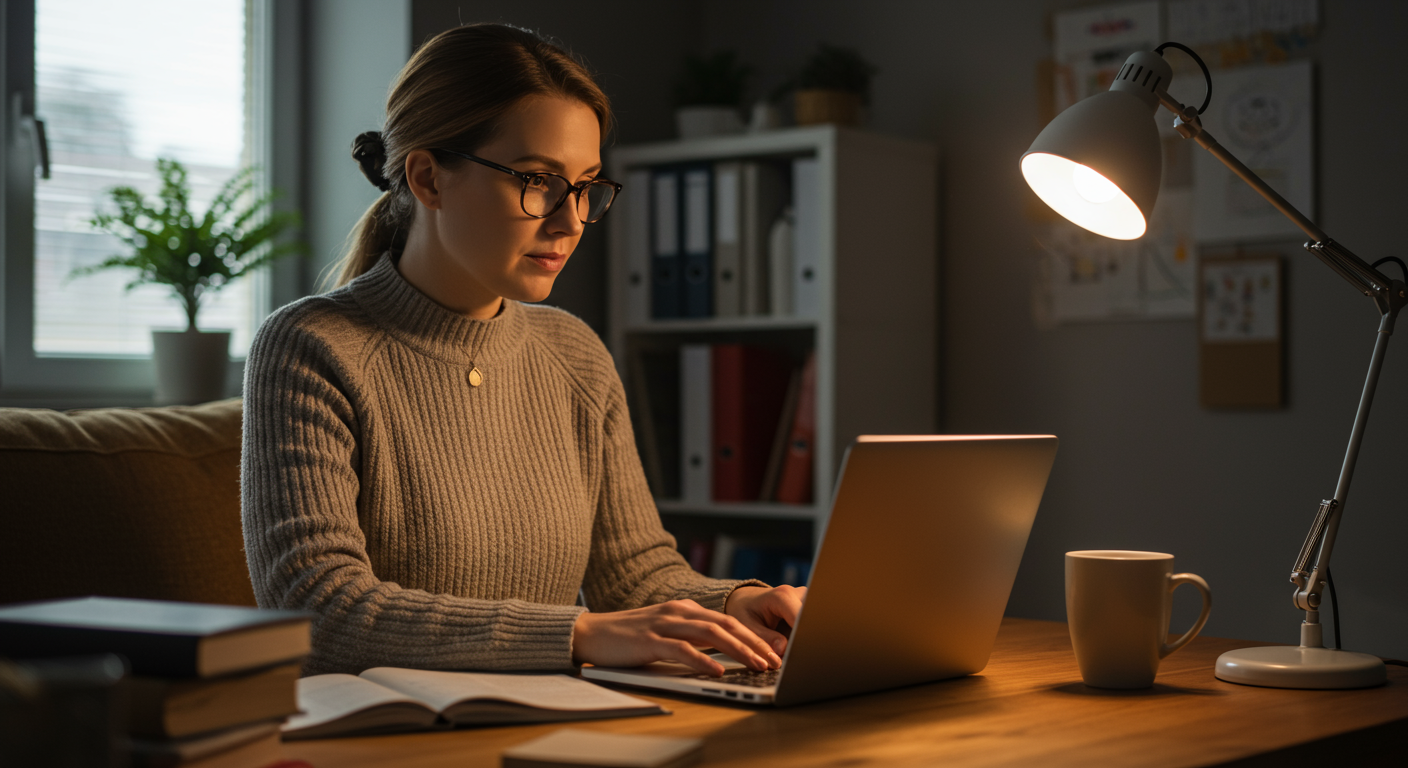 An adult learner focused on skill development, studying at home with a laptop, books, and coffee. The image emphasizes progress and engagement in the learning process.