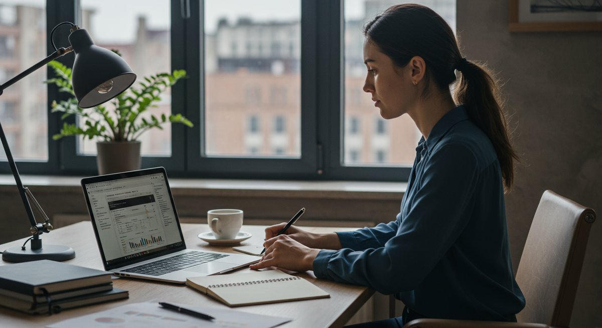 Digital nomad managing finances with laptop, notebook, and coffee in modern workspace