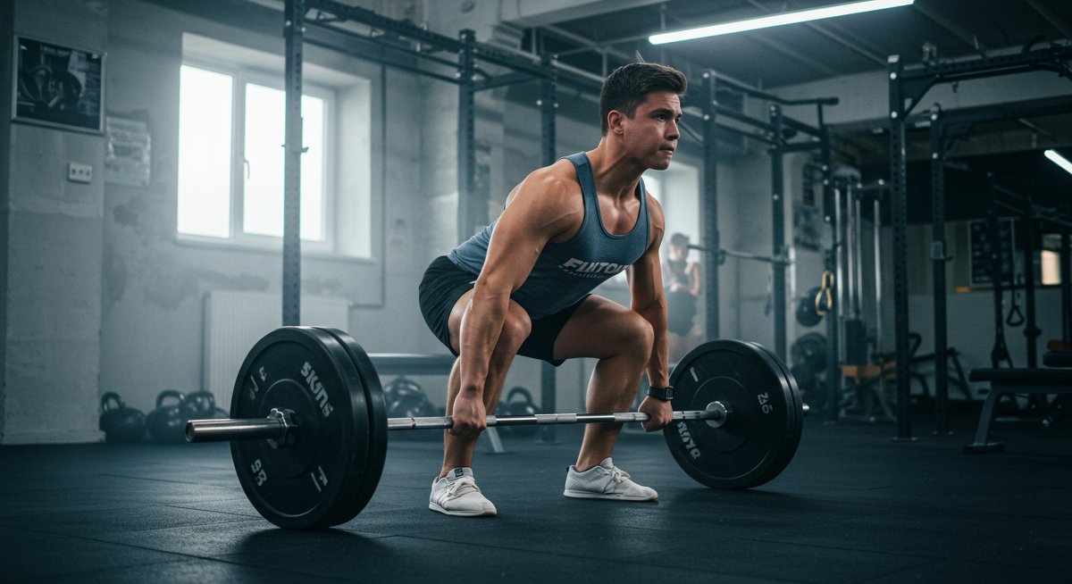 Person doing deadlifts with proper form in modern gym with dramatic lighting