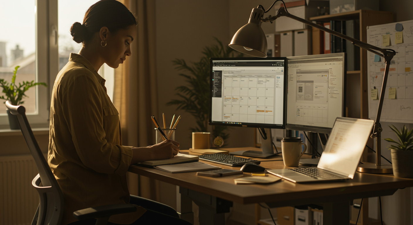 Professional at standing desk, using time-blocking and planner for energy management and sustainable productivity.