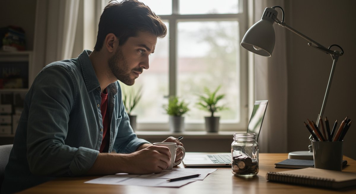 Young man building emergency fund in dorm room with savings jar and budgeting notes