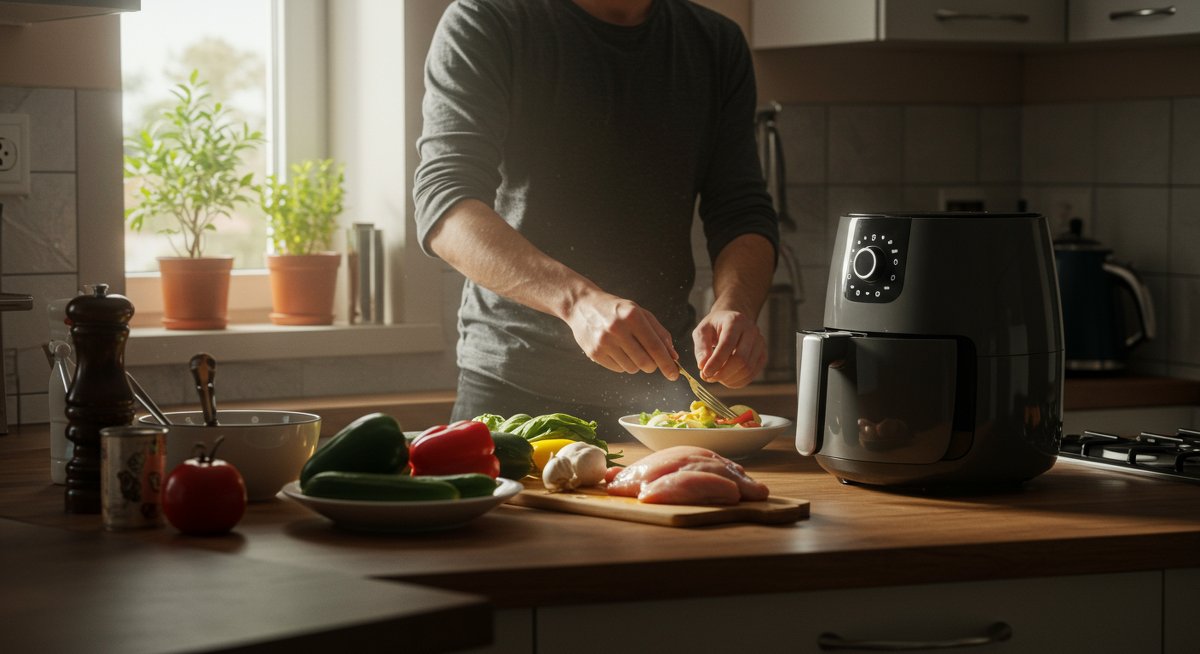 Beginner-friendly air fryer recipe preparation with fresh ingredients in modern kitchen